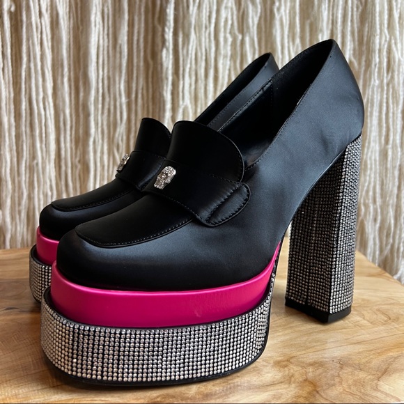 Dolls Kill Shoes - Chunky Platform Loafer Black/Pink/Rhinestone - Women's 9
